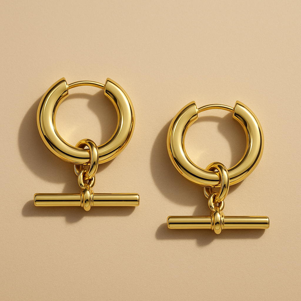 Gold Plated T Bar Hoops Earrings