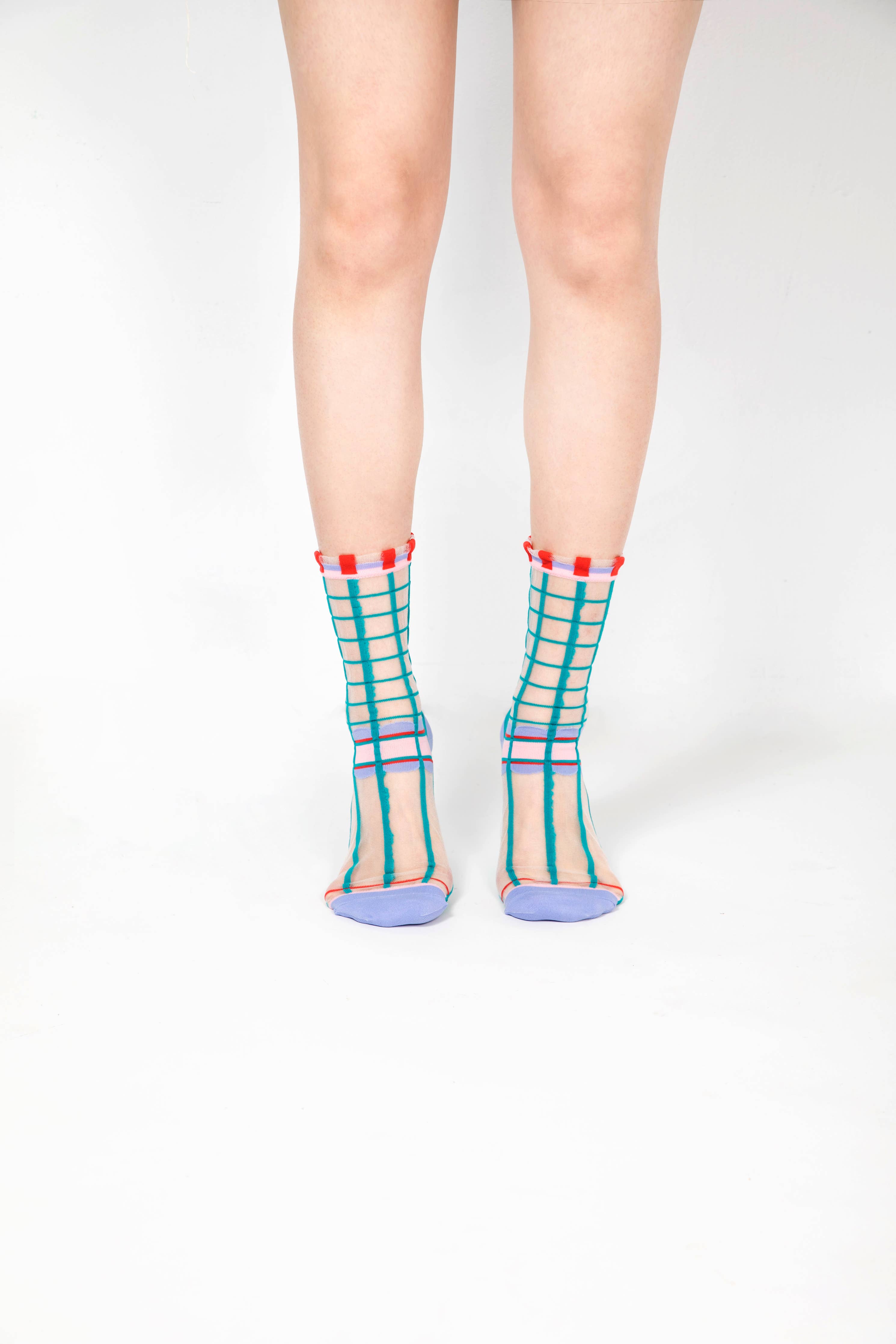 Teal Green Grids with Polka Dots Sheer Socks