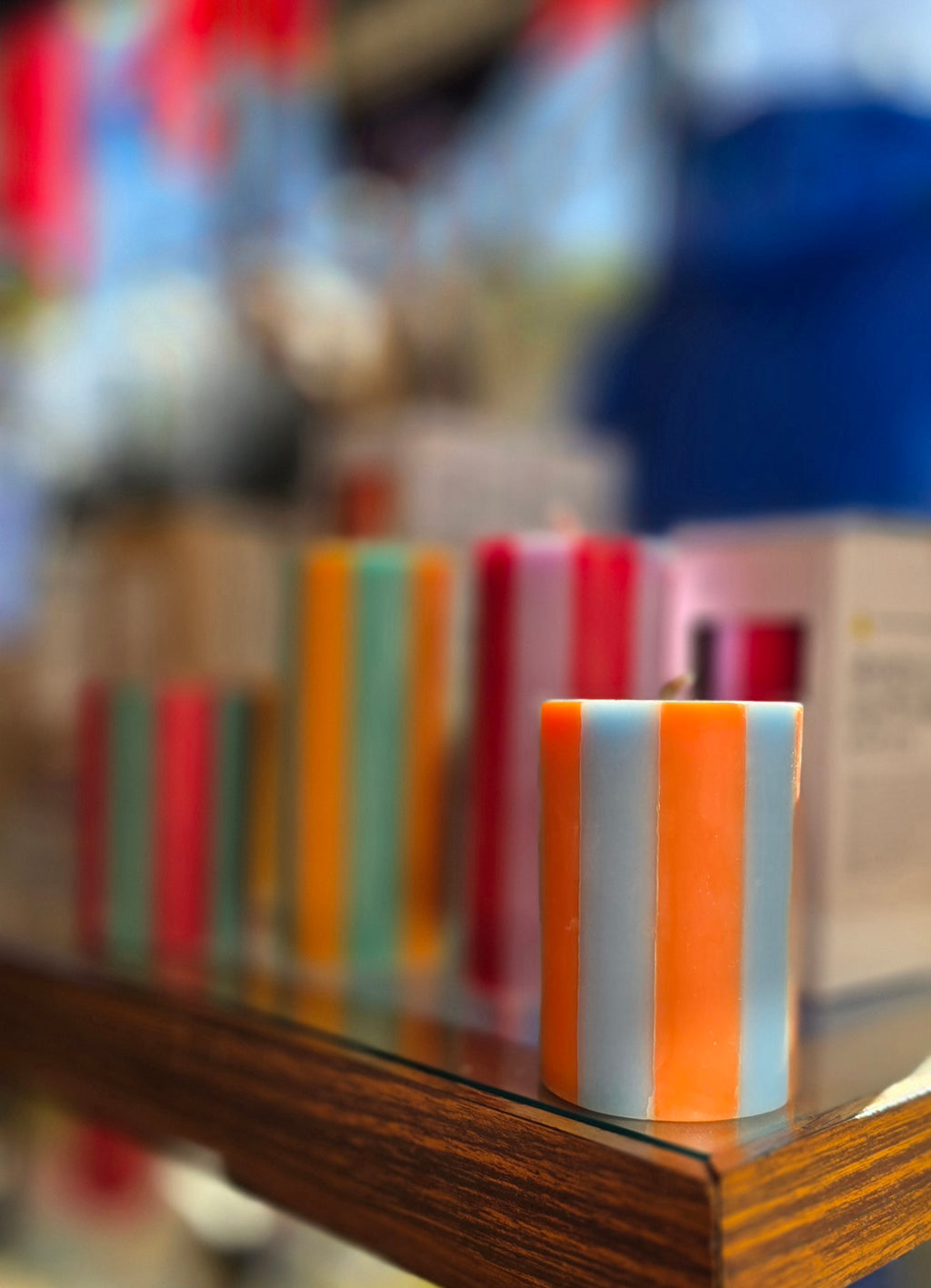 Orange / Pastel Blue Stripe Pillar Candle - Small