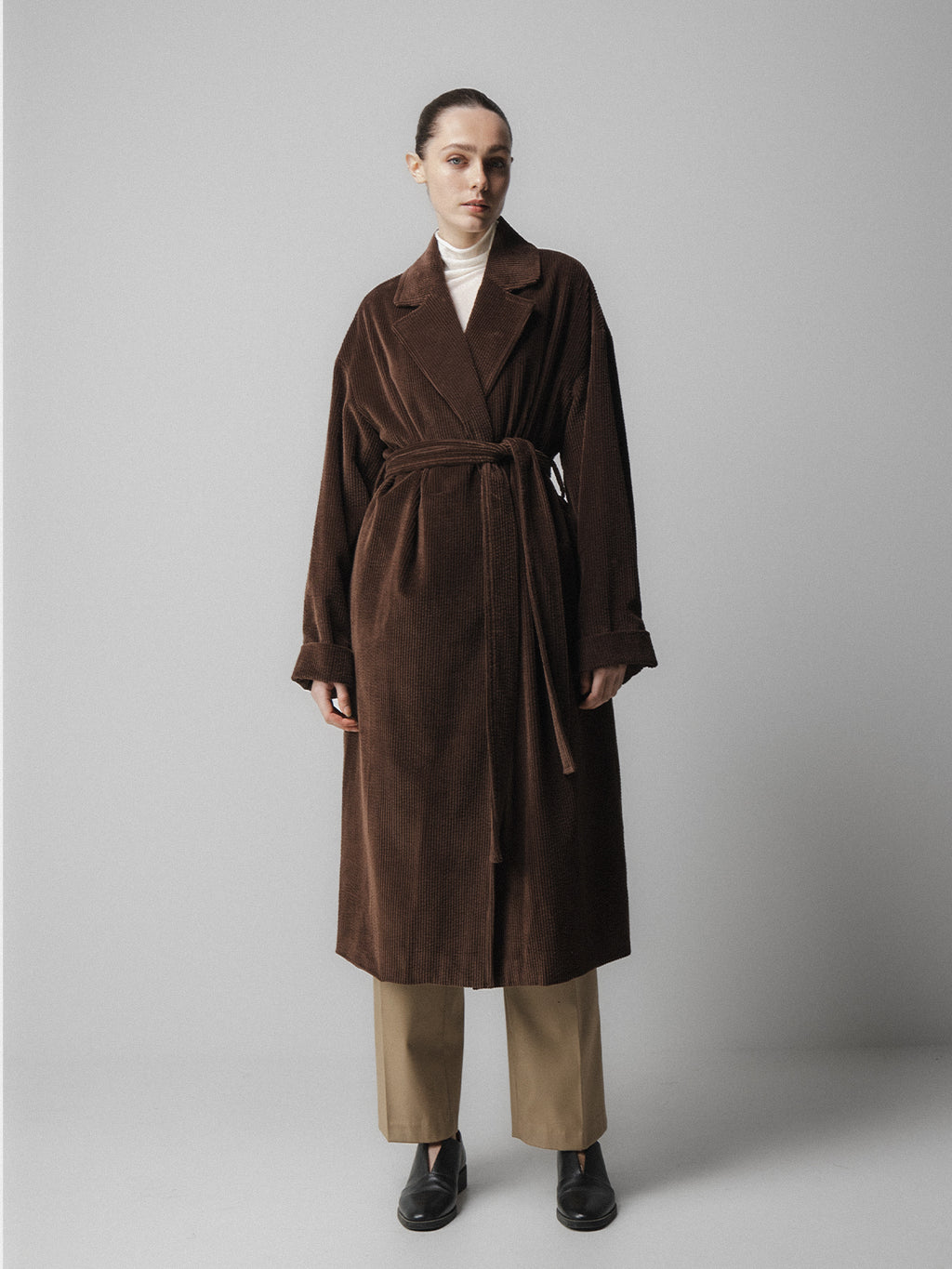 Corduroy Long Belted Coat Brown