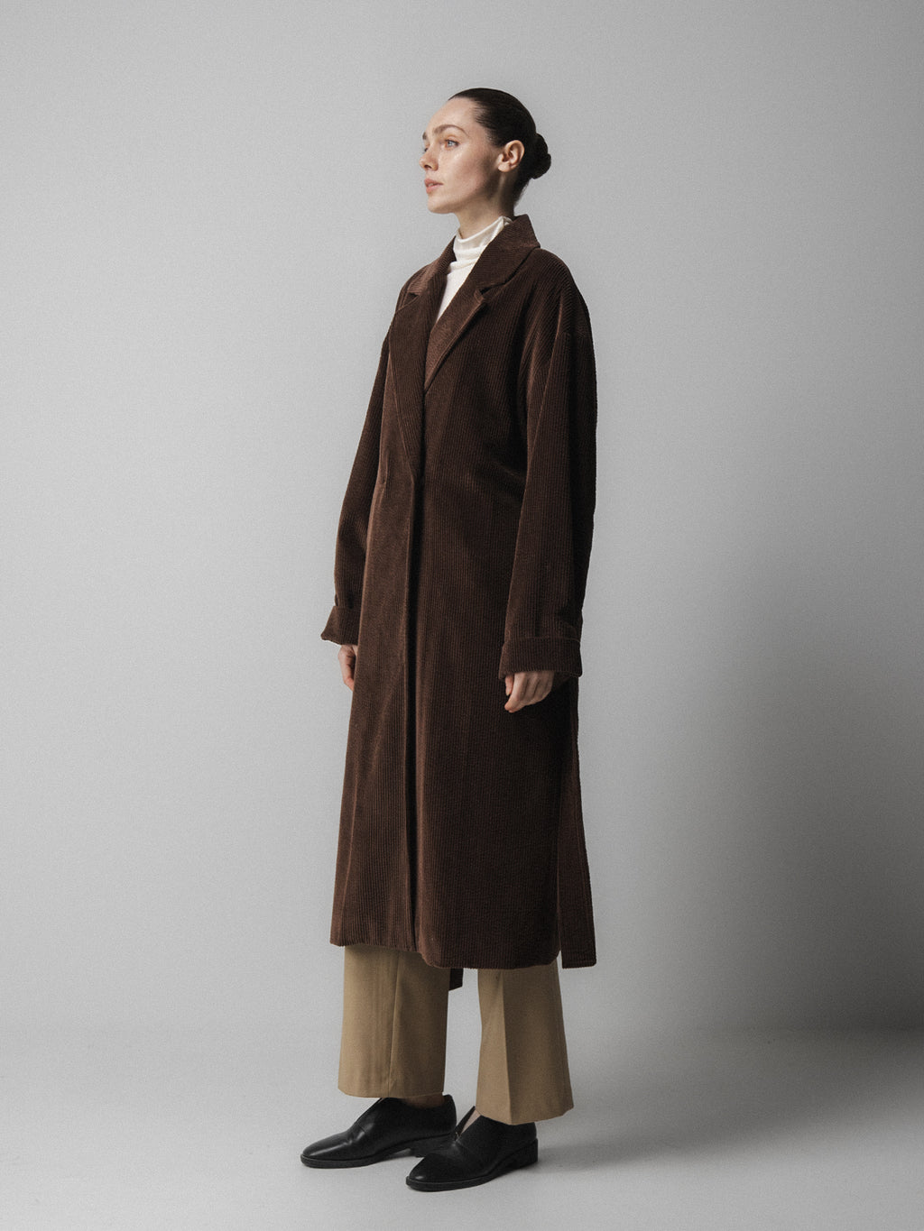 Corduroy Long Belted Coat Brown