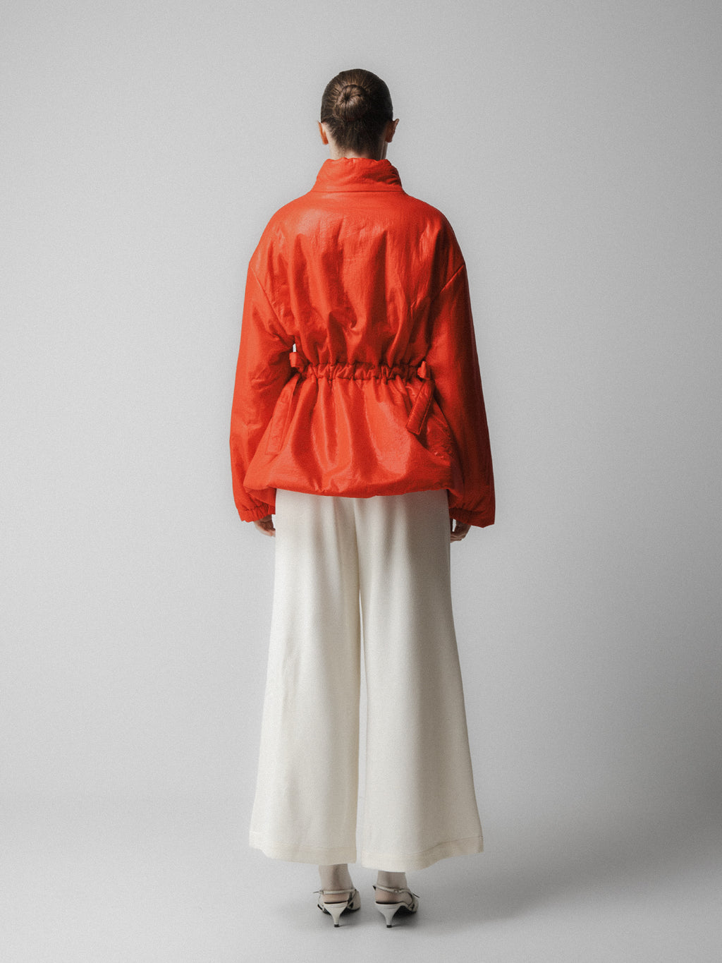 Ribbon Shirring Puffer Jacket Red