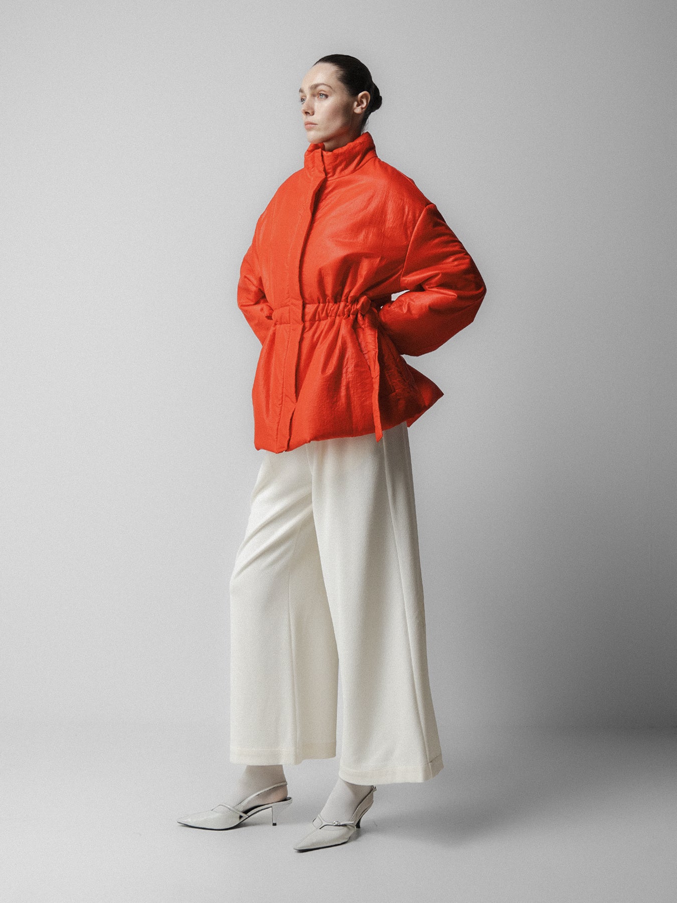 Ribbon Shirring Puffer Jacket Red