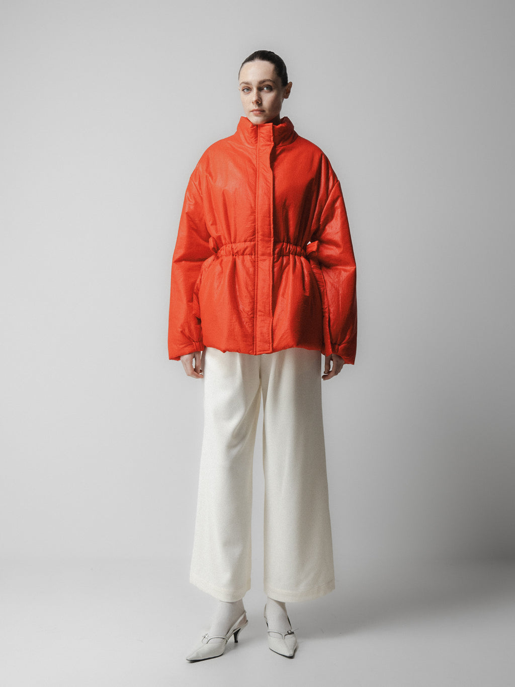 Ribbon Shirring Puffer Jacket Red