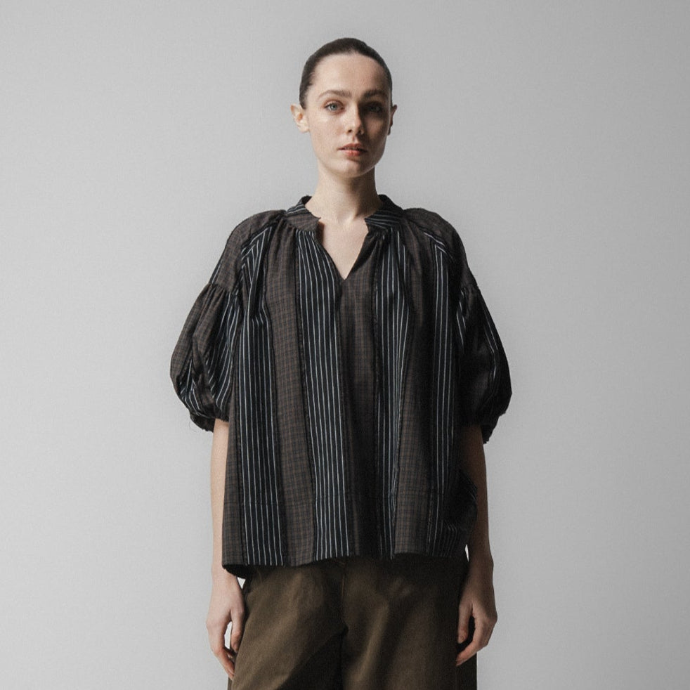 Volume Sleeve Blouse Brown Check