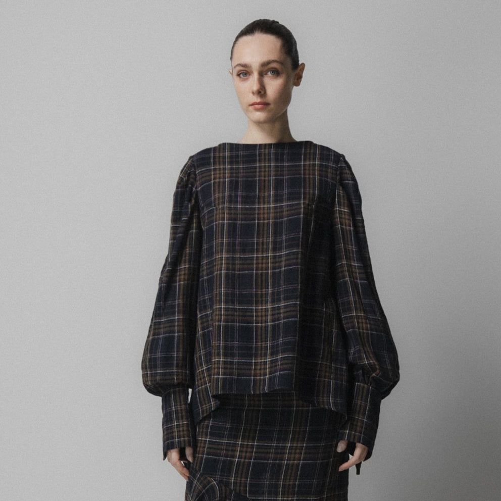 Voluminous Long Sleeve Blouse Navy Check