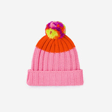 Pink Chunky Colorblock Knit Pom Beanie