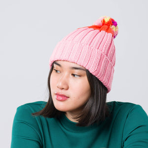 Pink Chunky Colorblock Knit Pom Beanie