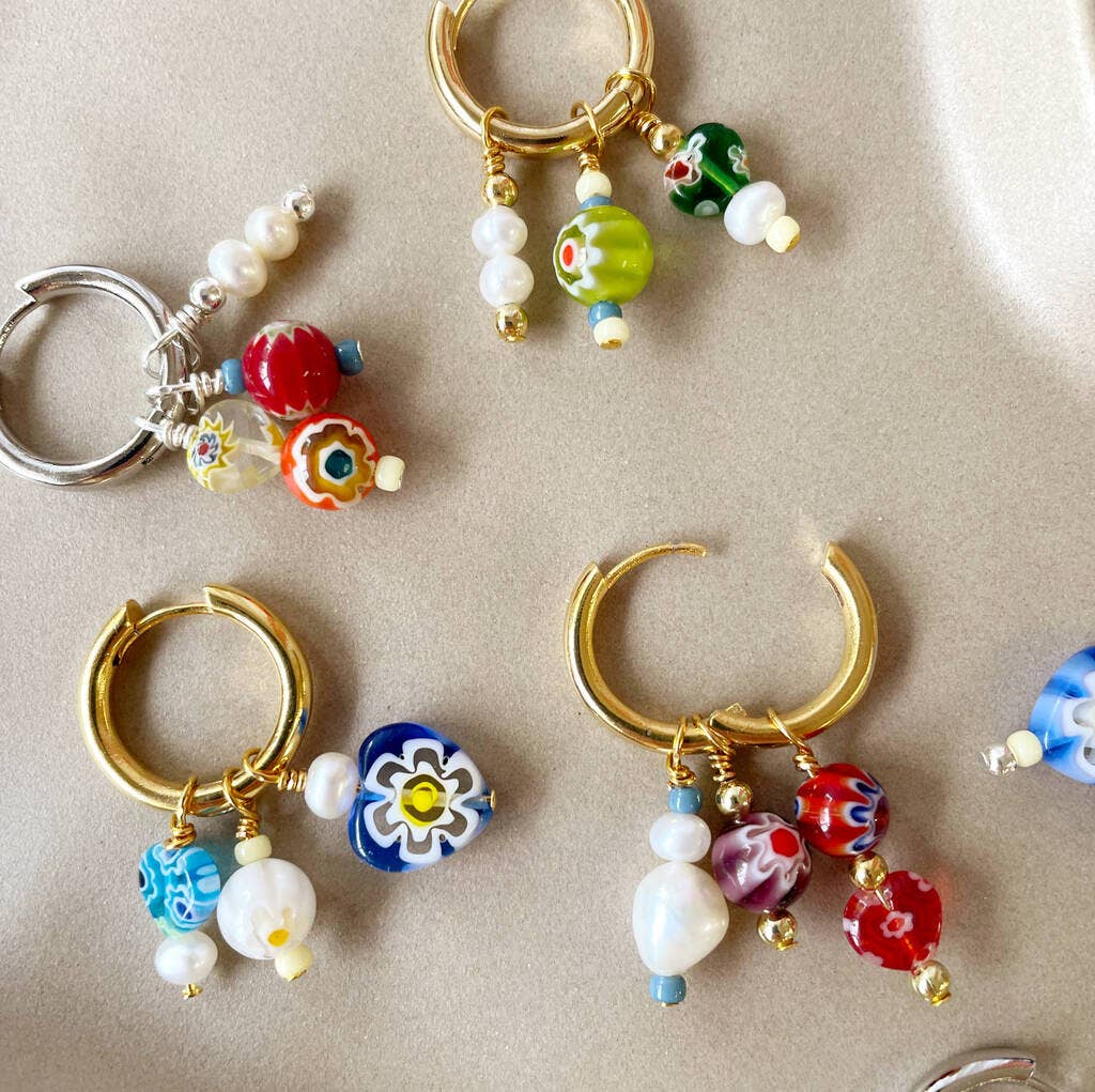 No Waste Millefiori Bead And Pearl Huggie Hoop Earrings