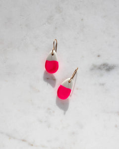 White Porcelain Teardrop Earrings with Neon: Pink / Gold Hooks