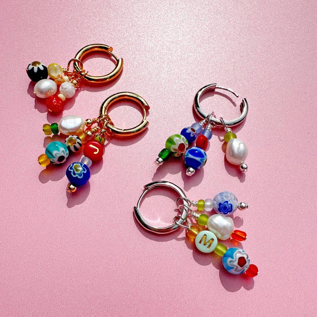 No Waste Millefiori Bead And Pearl Huggie Hoop Earrings
