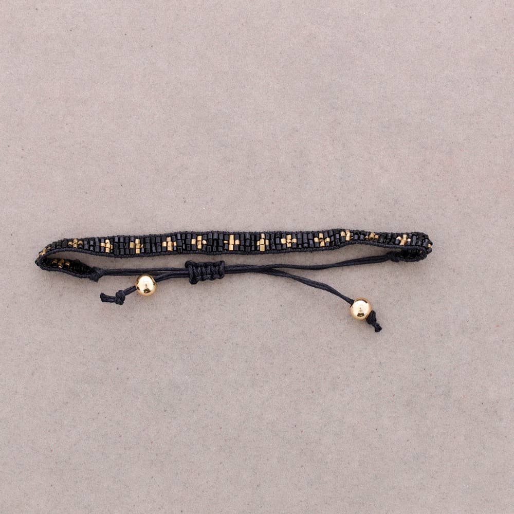 Black Macramé Thin Bracelet with Cross Beads