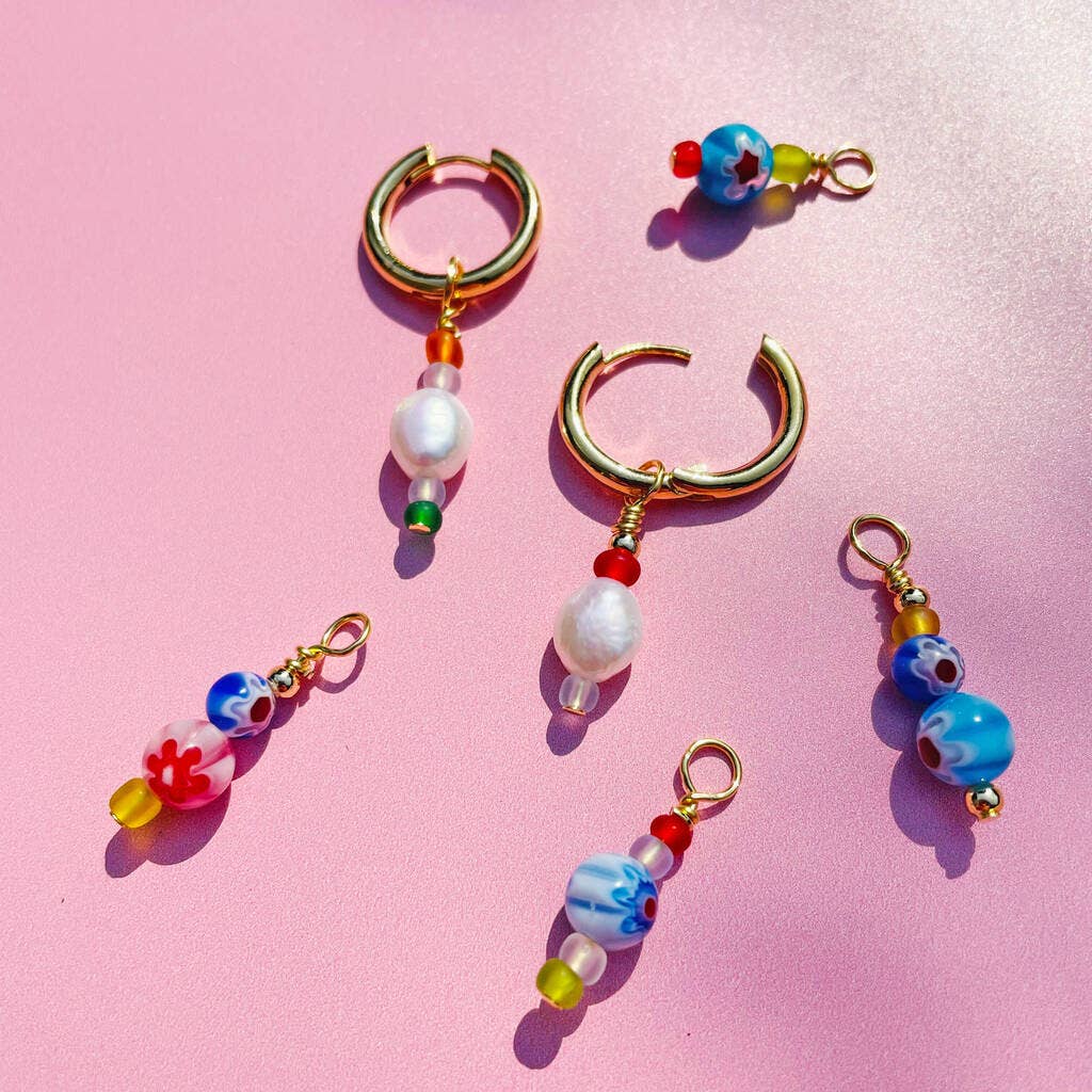 No Waste Millefiori Bead And Pearl Huggie Hoop Earrings