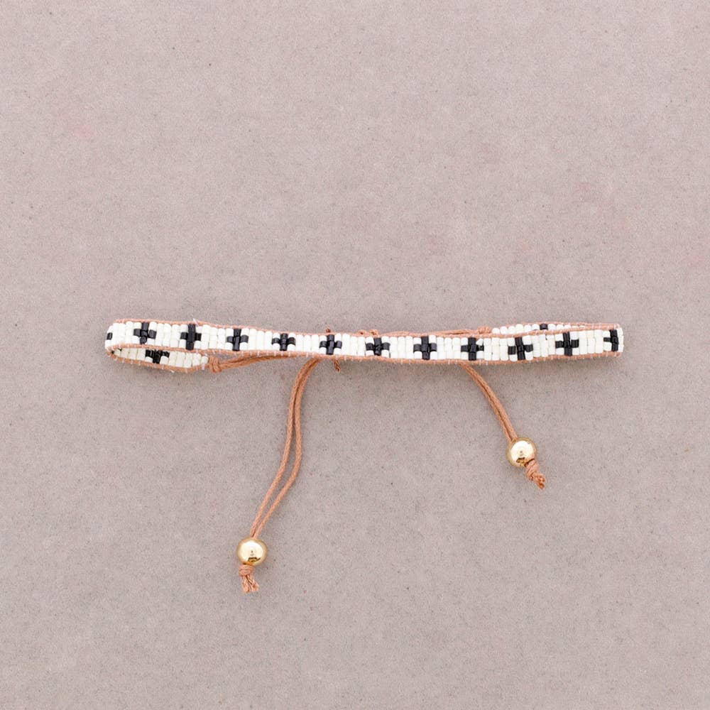 Beige Macramé Thin Bracelet with Cross Beads
