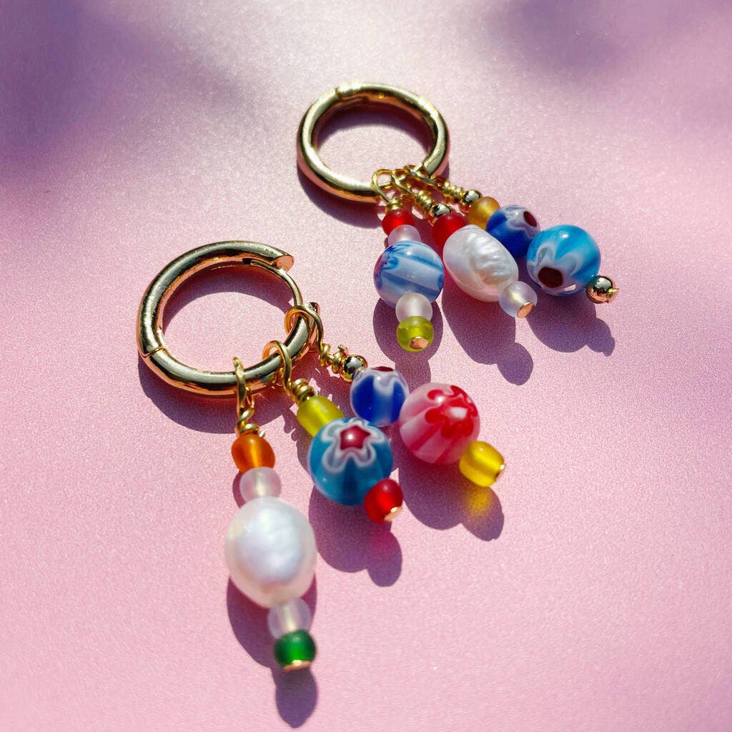 No Waste Millefiori Bead And Pearl Huggie Hoop Earrings