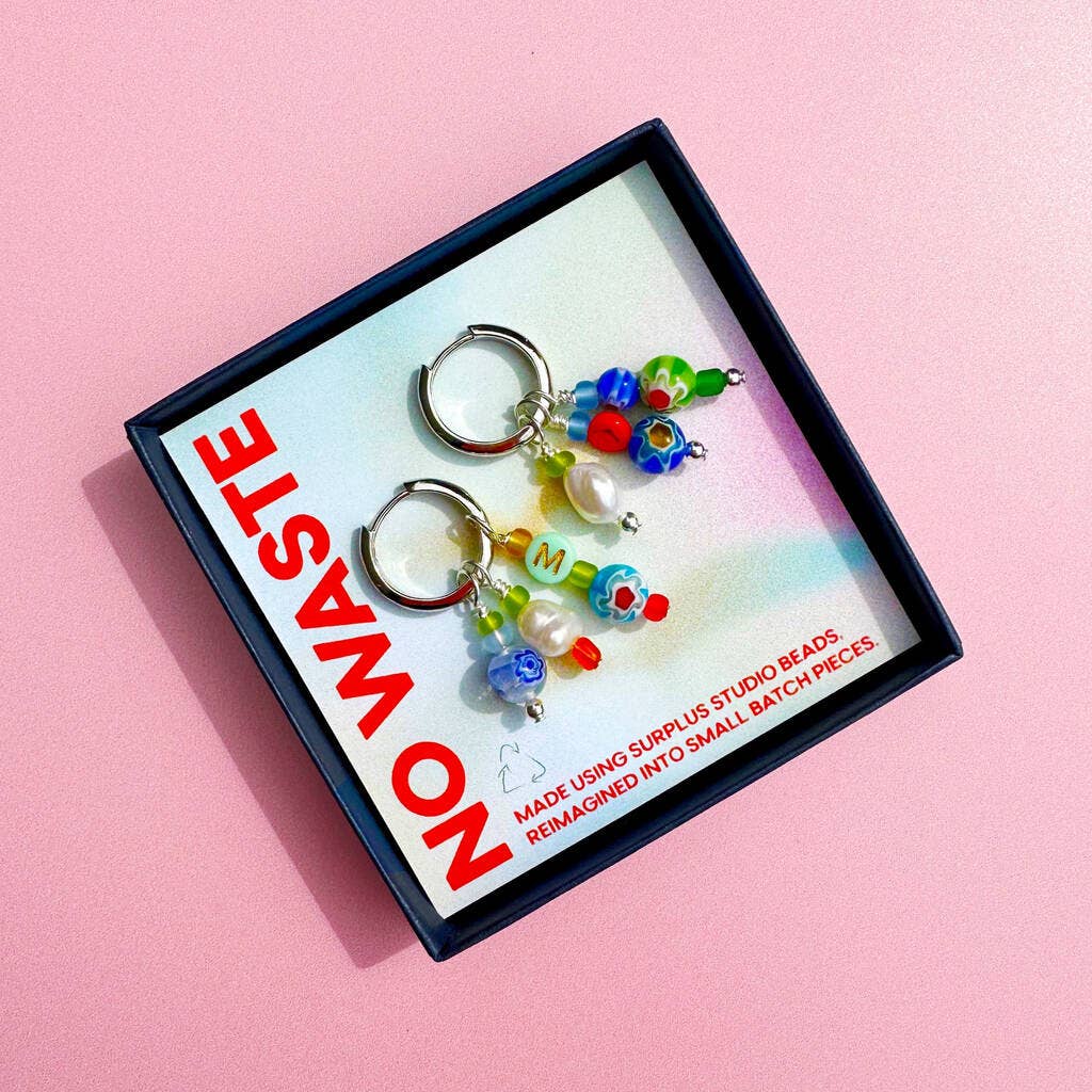 No Waste Millefiori Bead And Pearl Huggie Hoop Earrings
