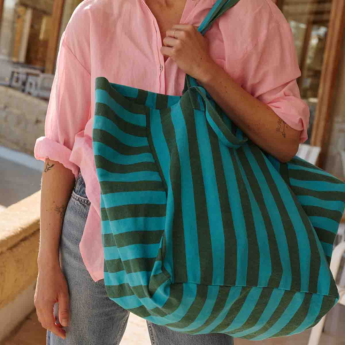 Blue and Green Stripes Elisa Tote Bag