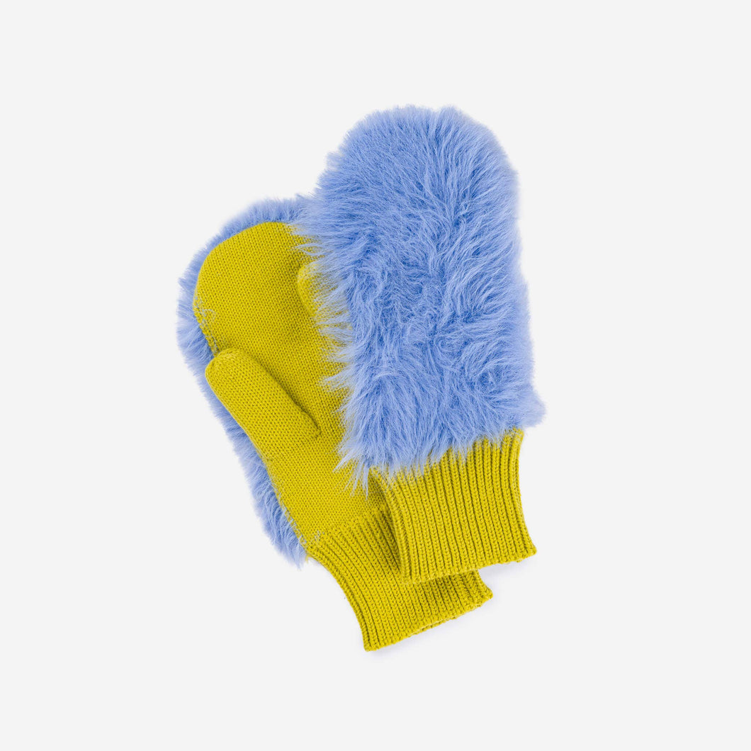 Faux Fur Knit Mittens: Periwinkle Golden Olive