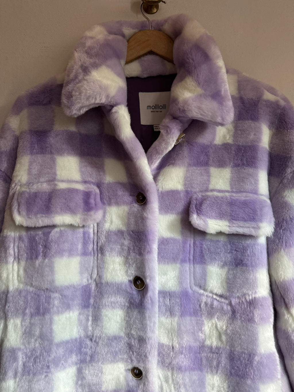 Lilac Check Faux Fur Coat