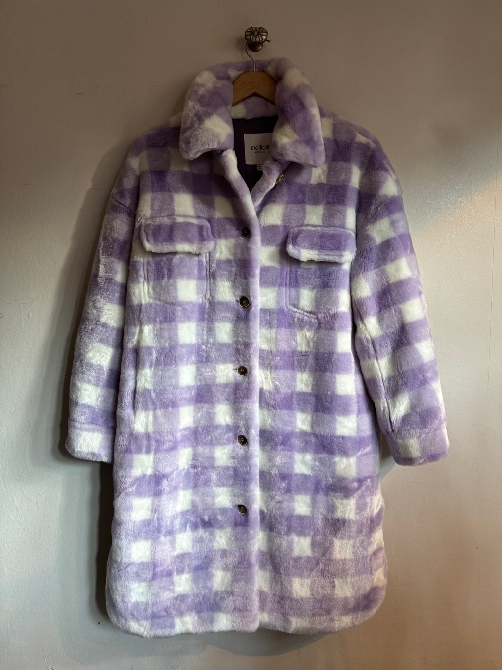 Lilac Check Faux Fur Coat