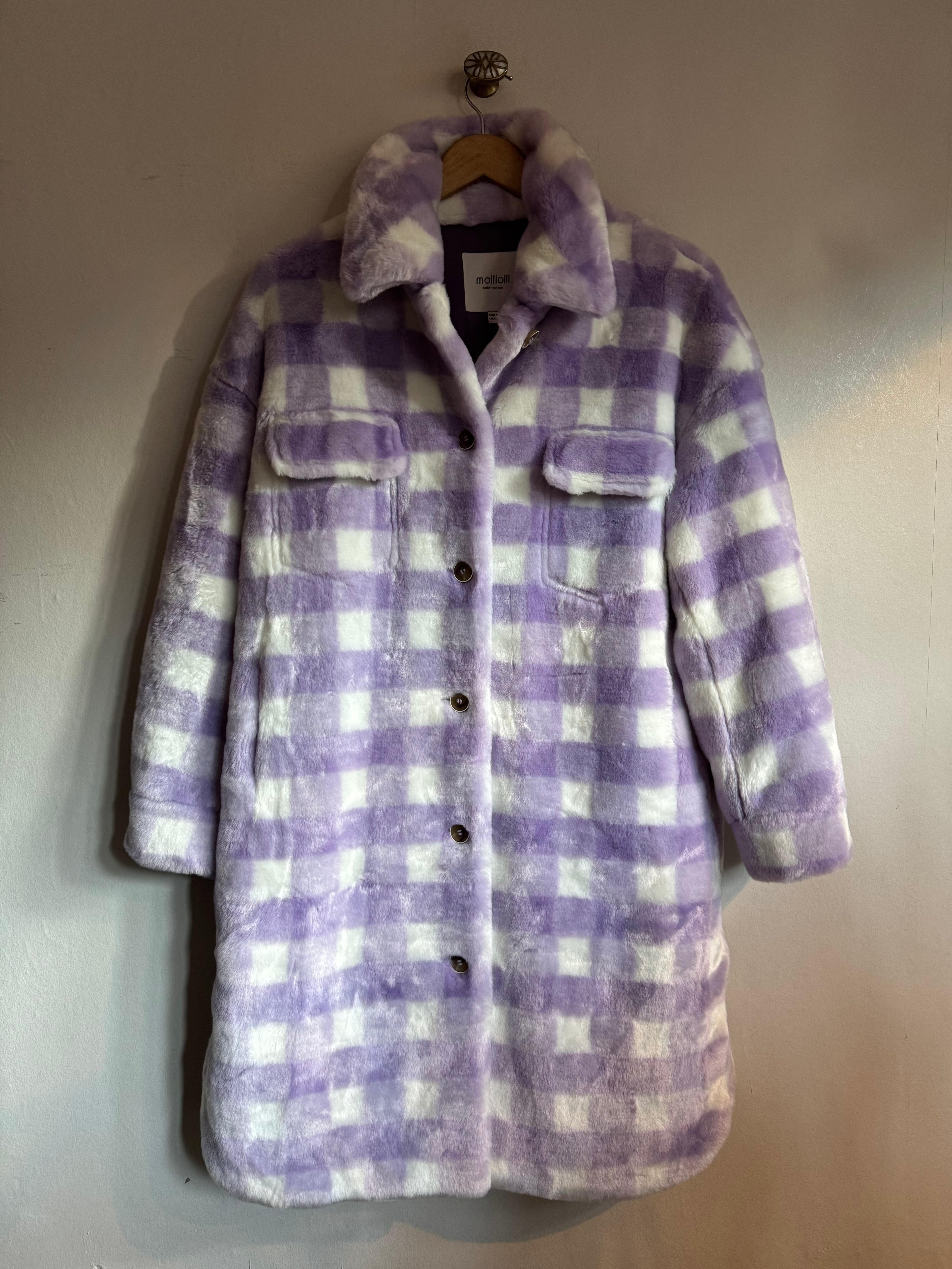 Lilac Check Faux Fur Coat