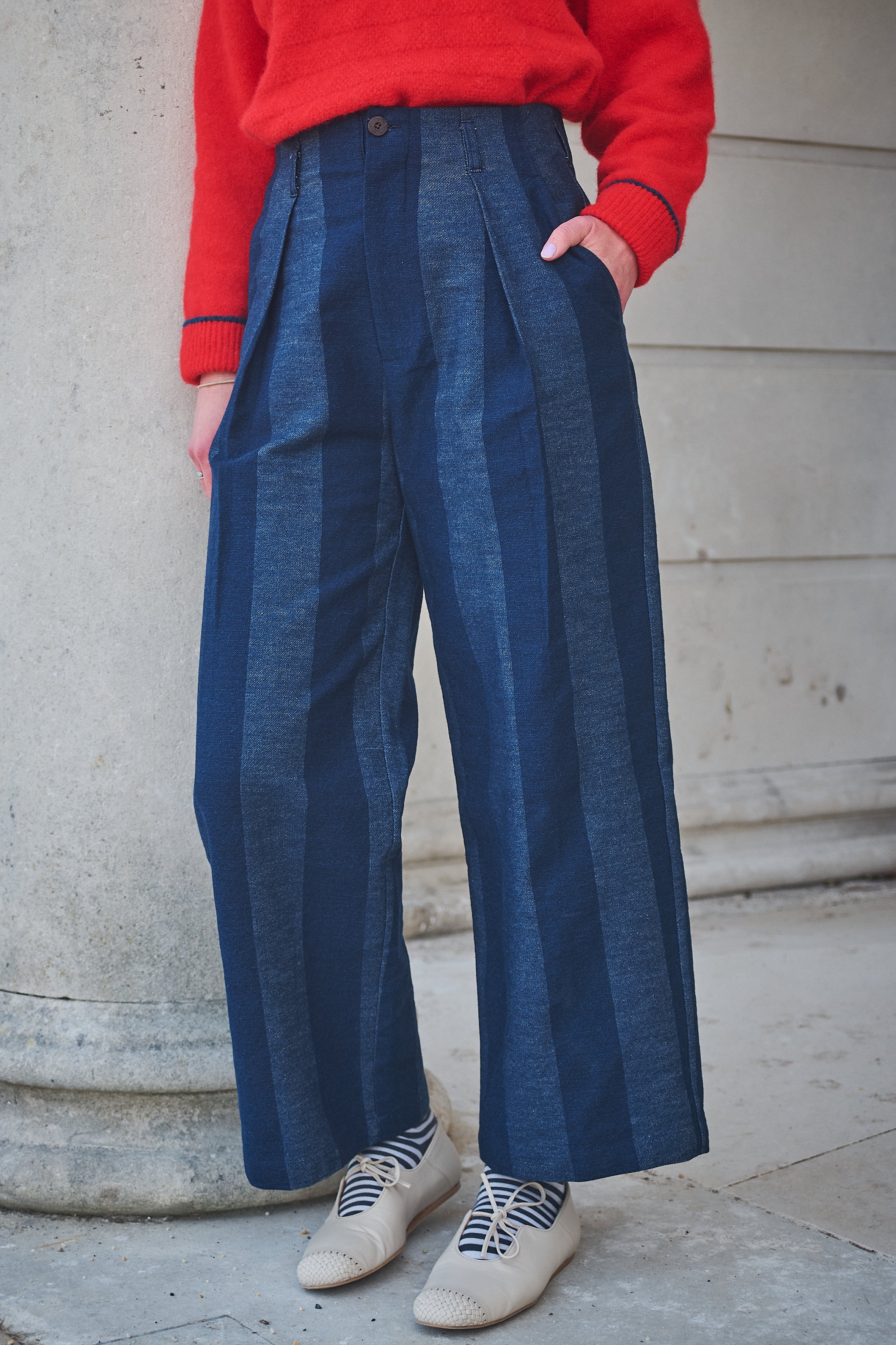 Stripe Denim Pleat Trousers