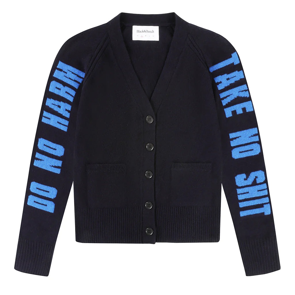 Do No Harm Take No Shit Lambswool Cardigan in Navy & Klein