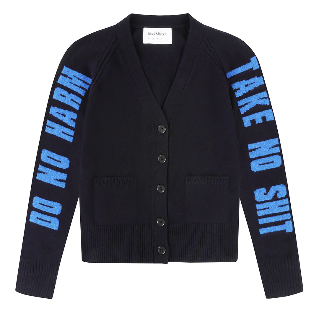 Do No Harm Take No Shit Lambswool Cardigan in Navy & Klein