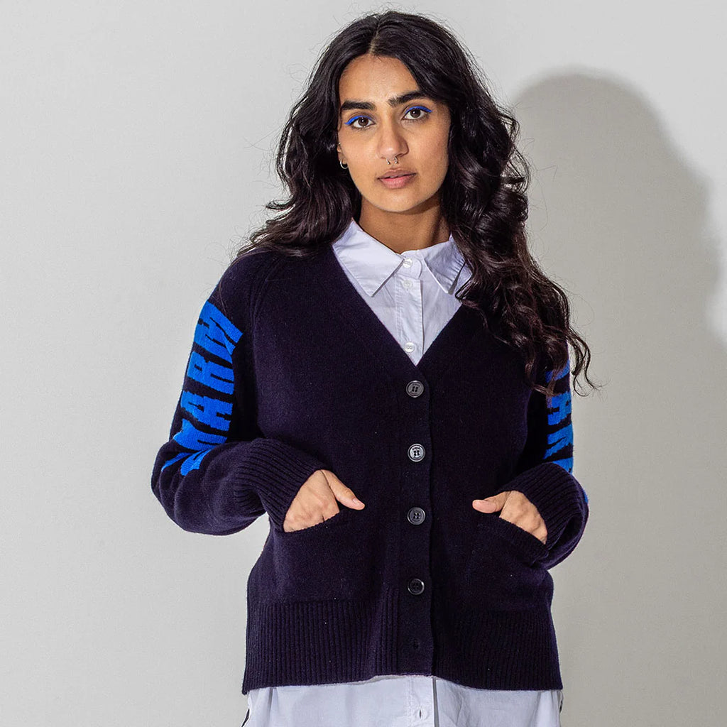 Do No Harm Take No Shit Lambswool Cardigan in Navy & Klein
