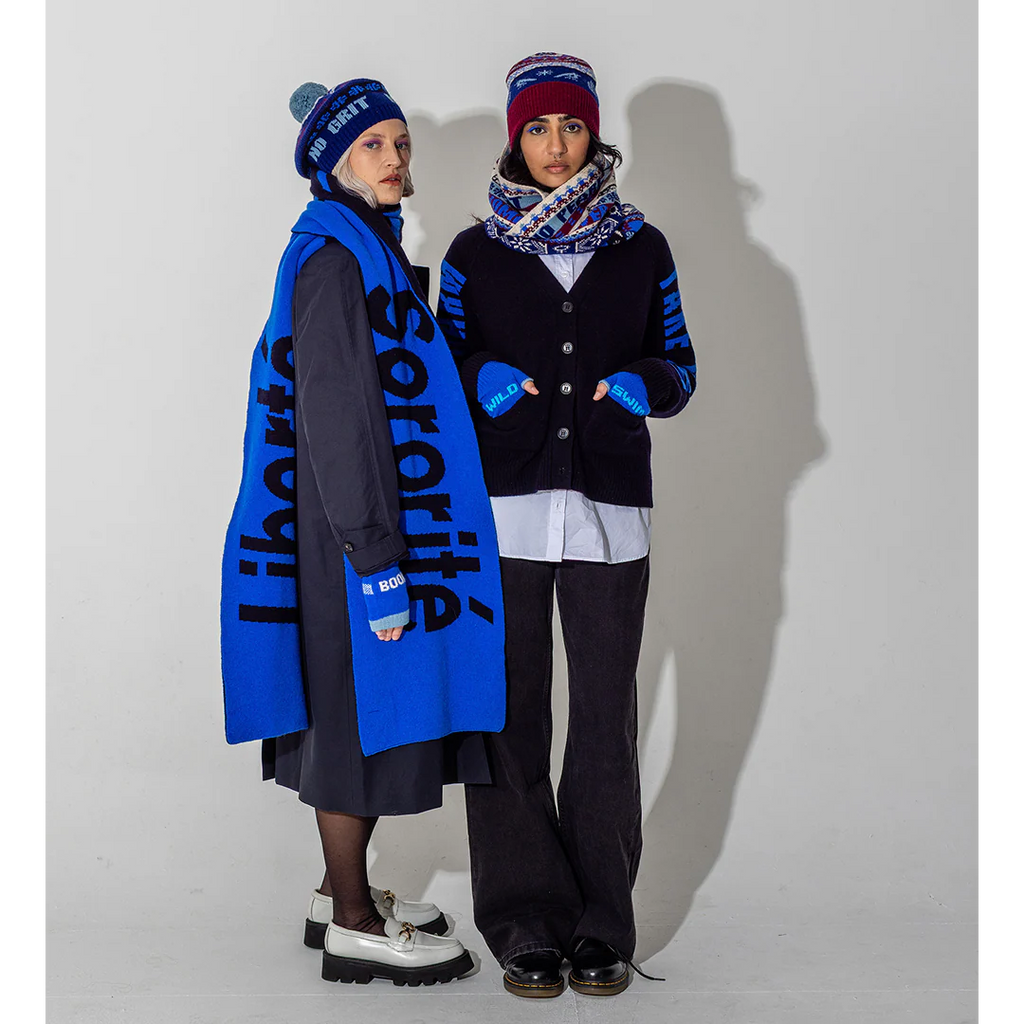 Do No Harm Take No Shit Lambswool Cardigan in Navy & Klein