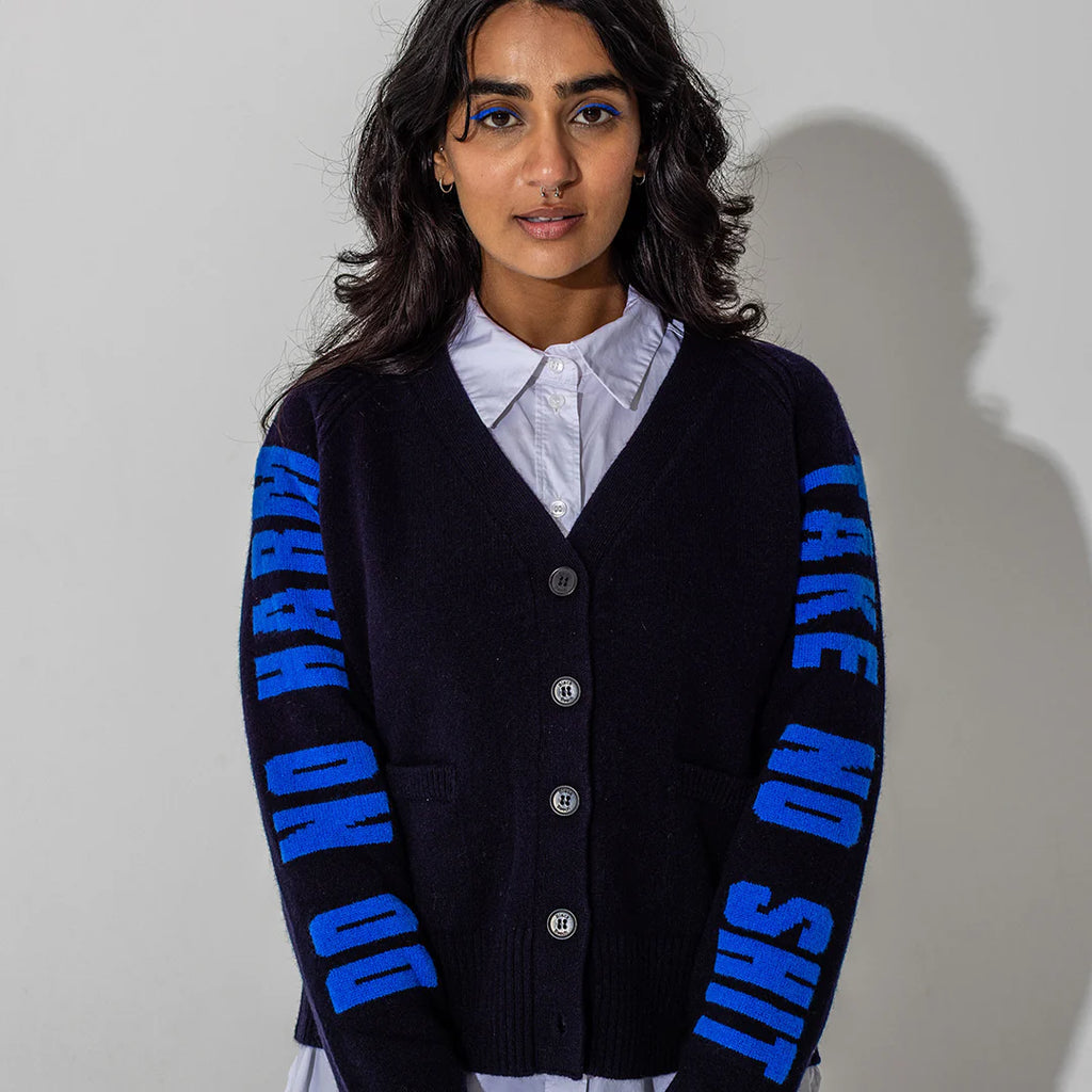 Do No Harm Take No Shit Lambswool Cardigan in Navy & Klein