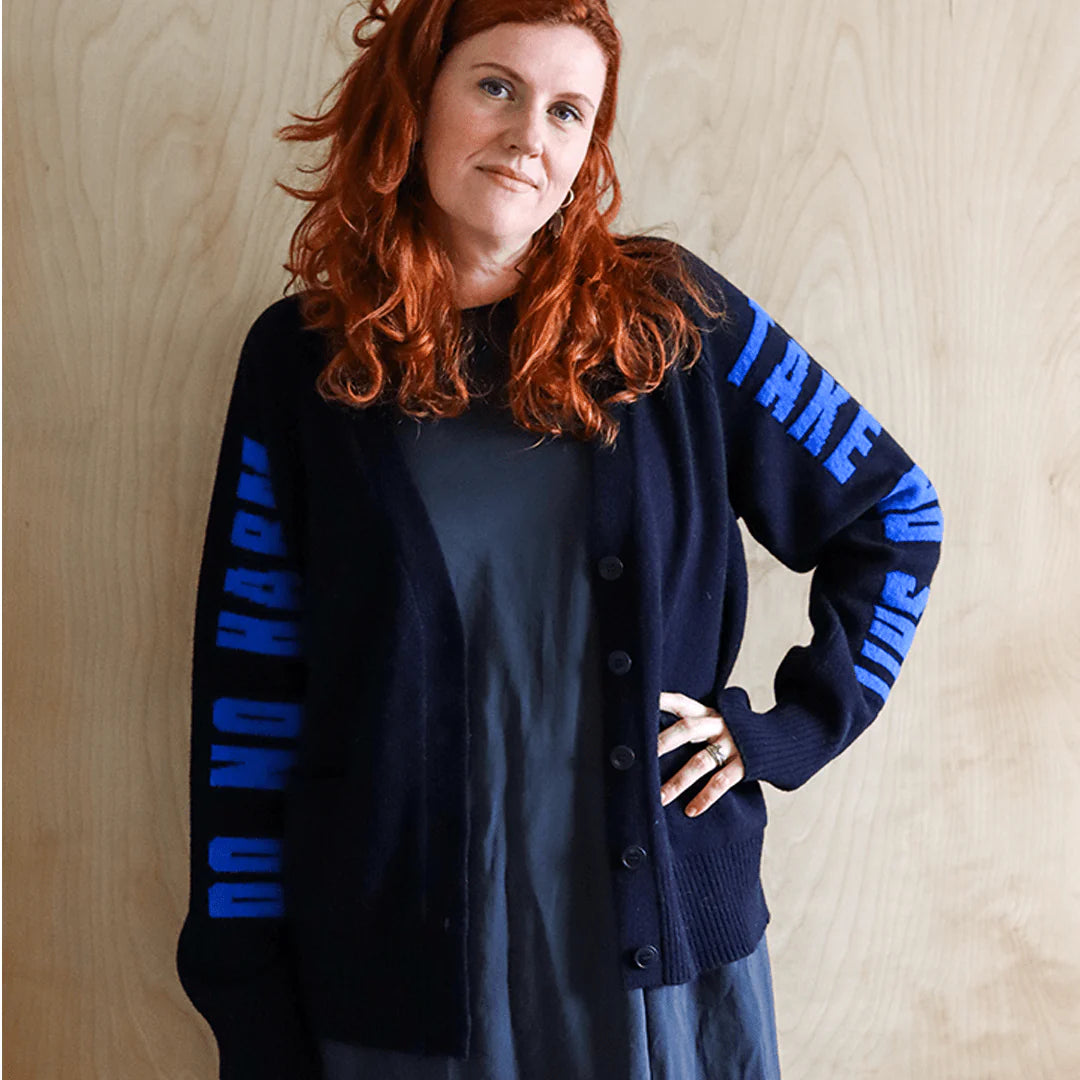 Do No Harm Take No Shit Lambswool Cardigan in Navy & Klein