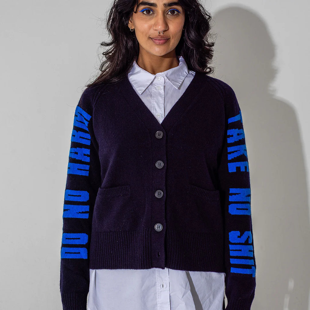 Do No Harm Take No Shit Lambswool Cardigan in Navy & Klein