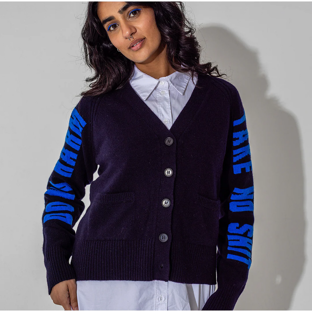 Do No Harm Take No Shit Lambswool Cardigan in Navy & Klein