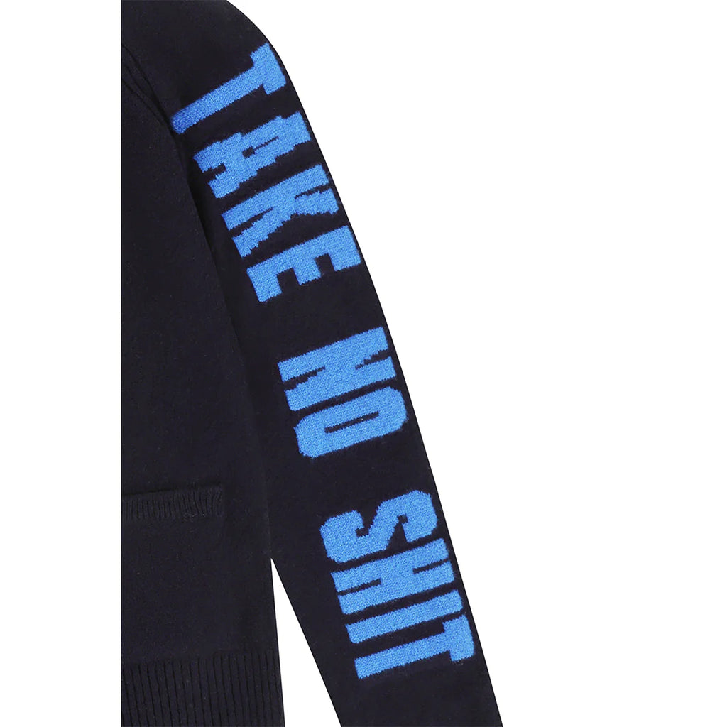 Do No Harm Take No Shit Lambswool Cardigan in Navy & Klein