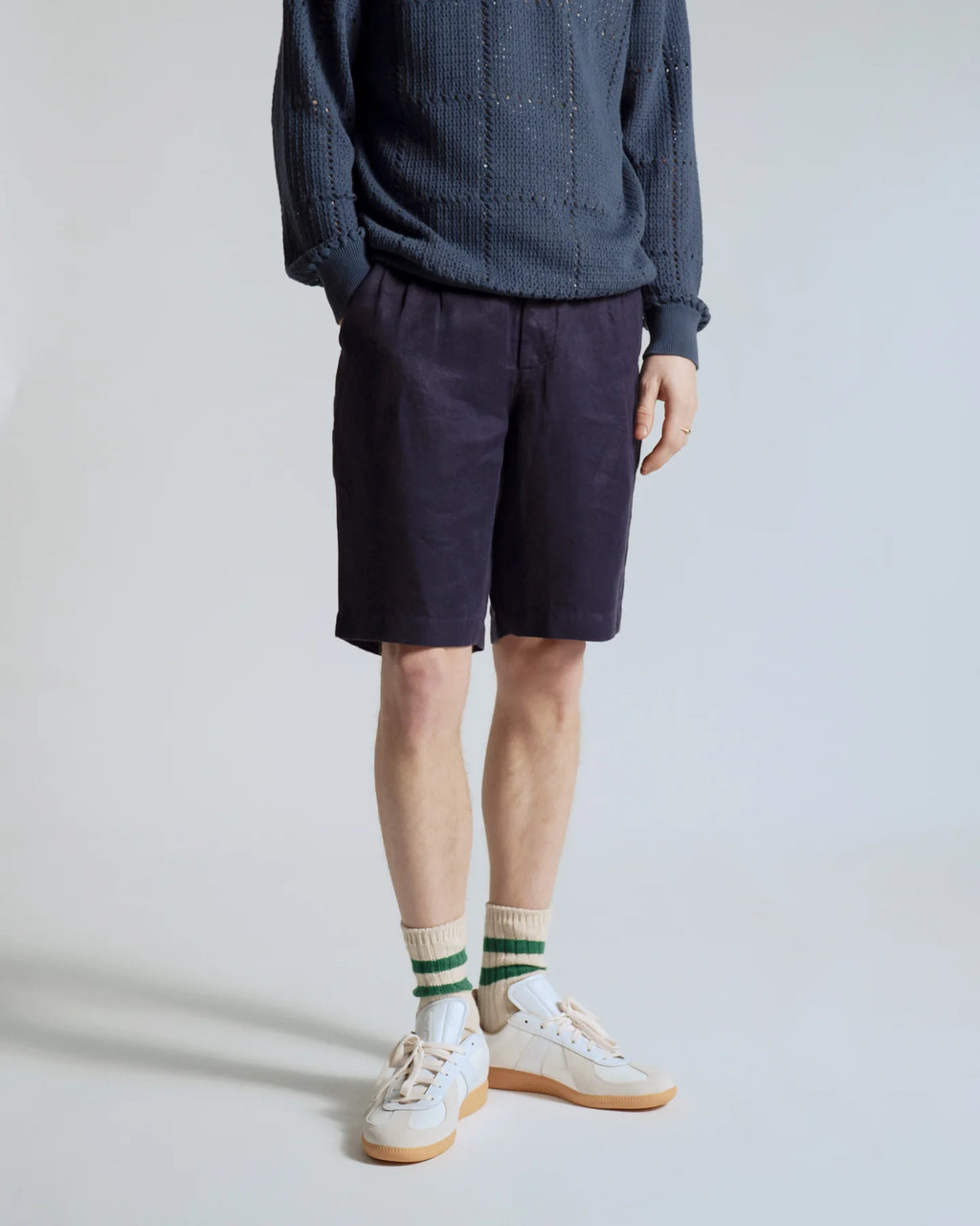 Navy Linen Double Pleated Short
