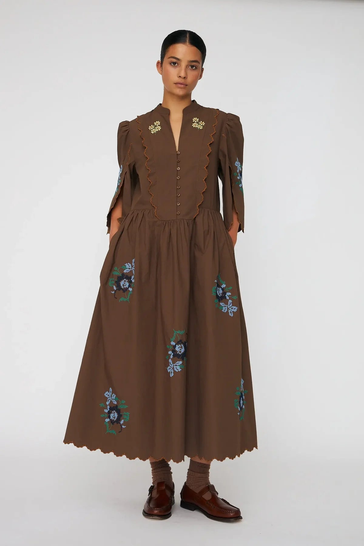 Brown Embroidered Midi Dress - Last One