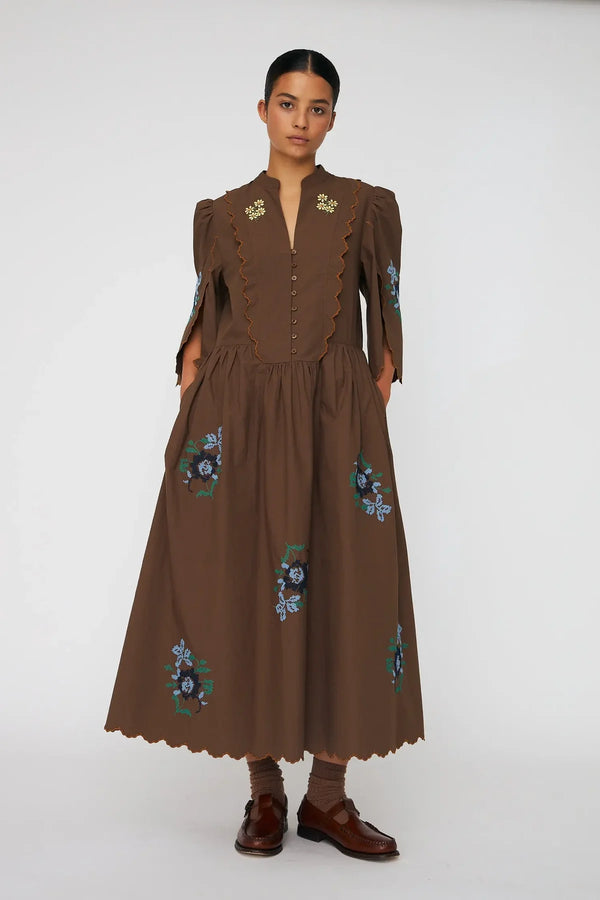 Brown Embroidered Midi Dress - Last One