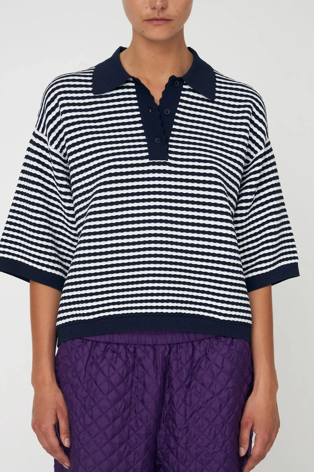 Navy & Creme Stripe Polo Knit