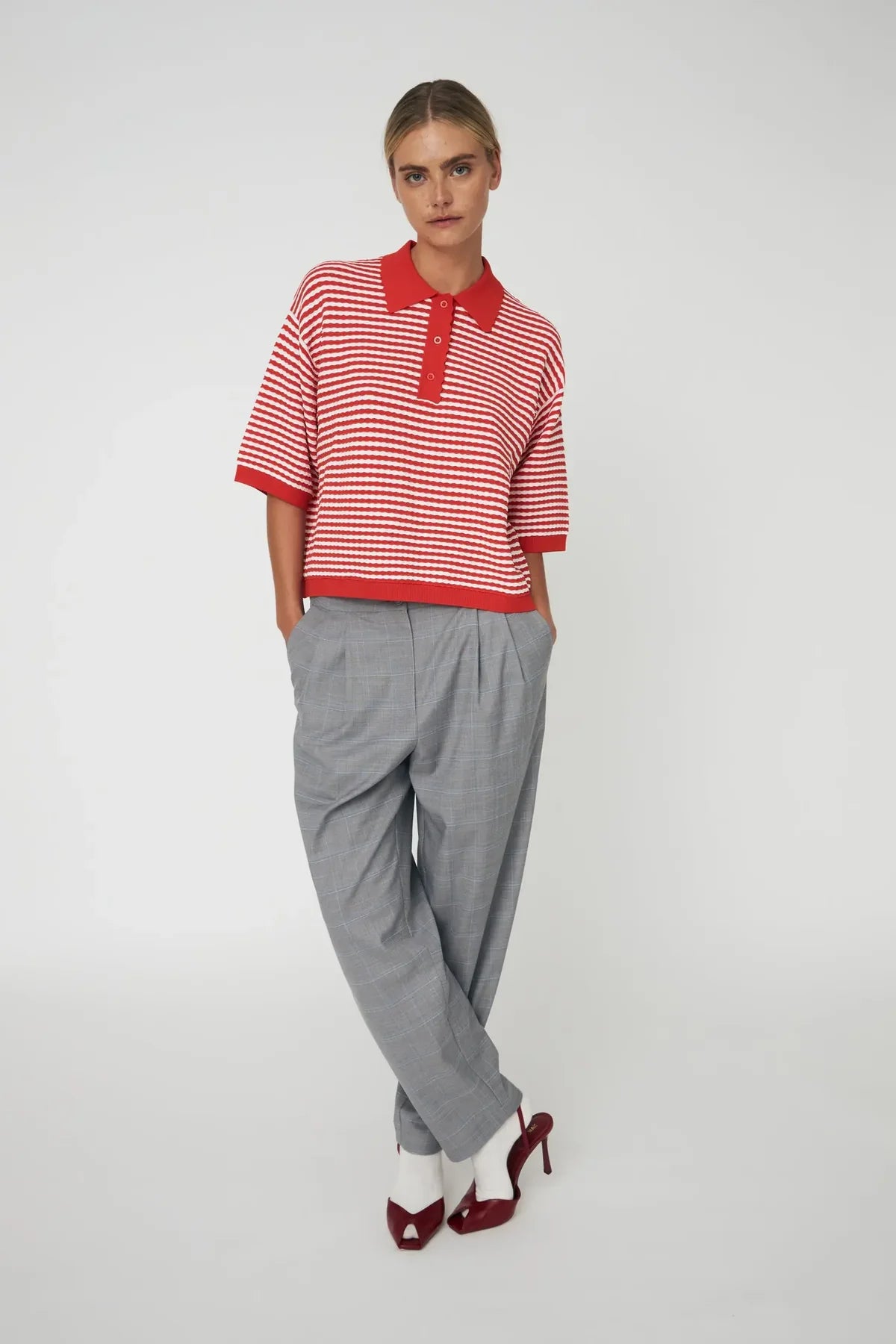 Red & Creme Stripe Polo Knit