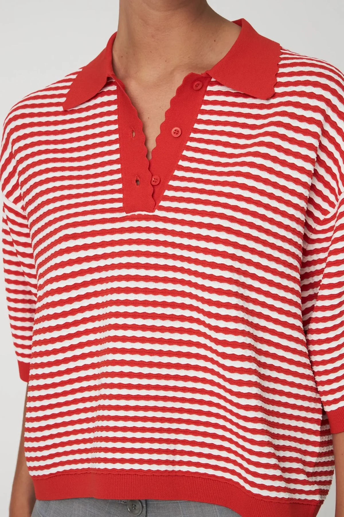 Red & Creme Stripe Polo Knit