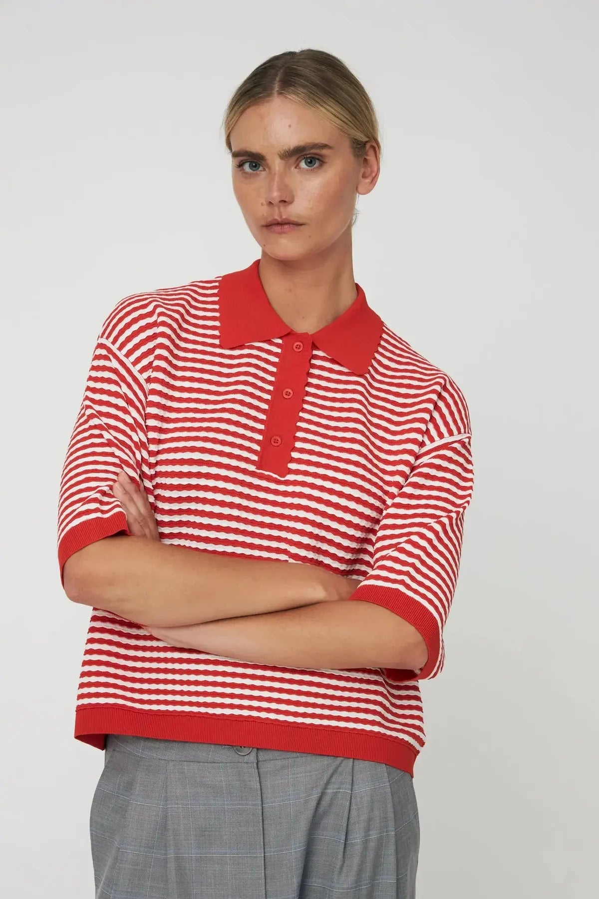Red & Creme Stripe Polo Knit