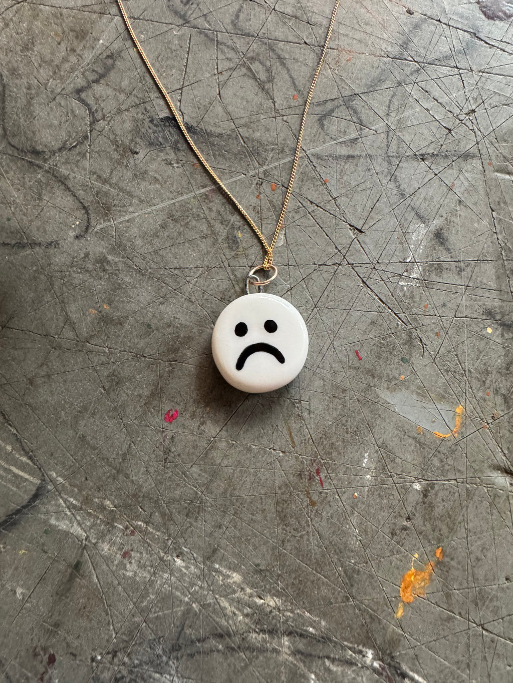 Smiley Sad Pendant on 18" Gold Curb Chain Necklace