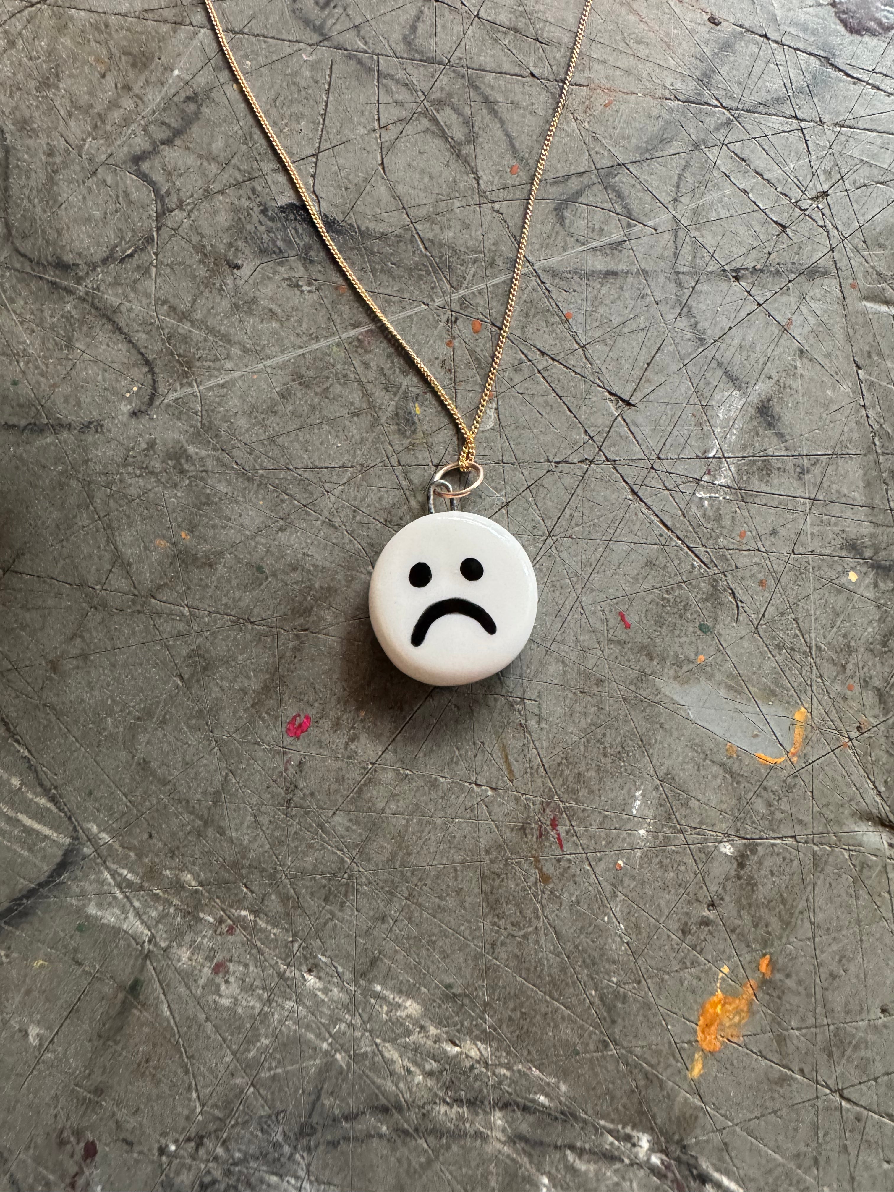 Smiley Sad Pendant on 18" Gold Curb Chain Necklace