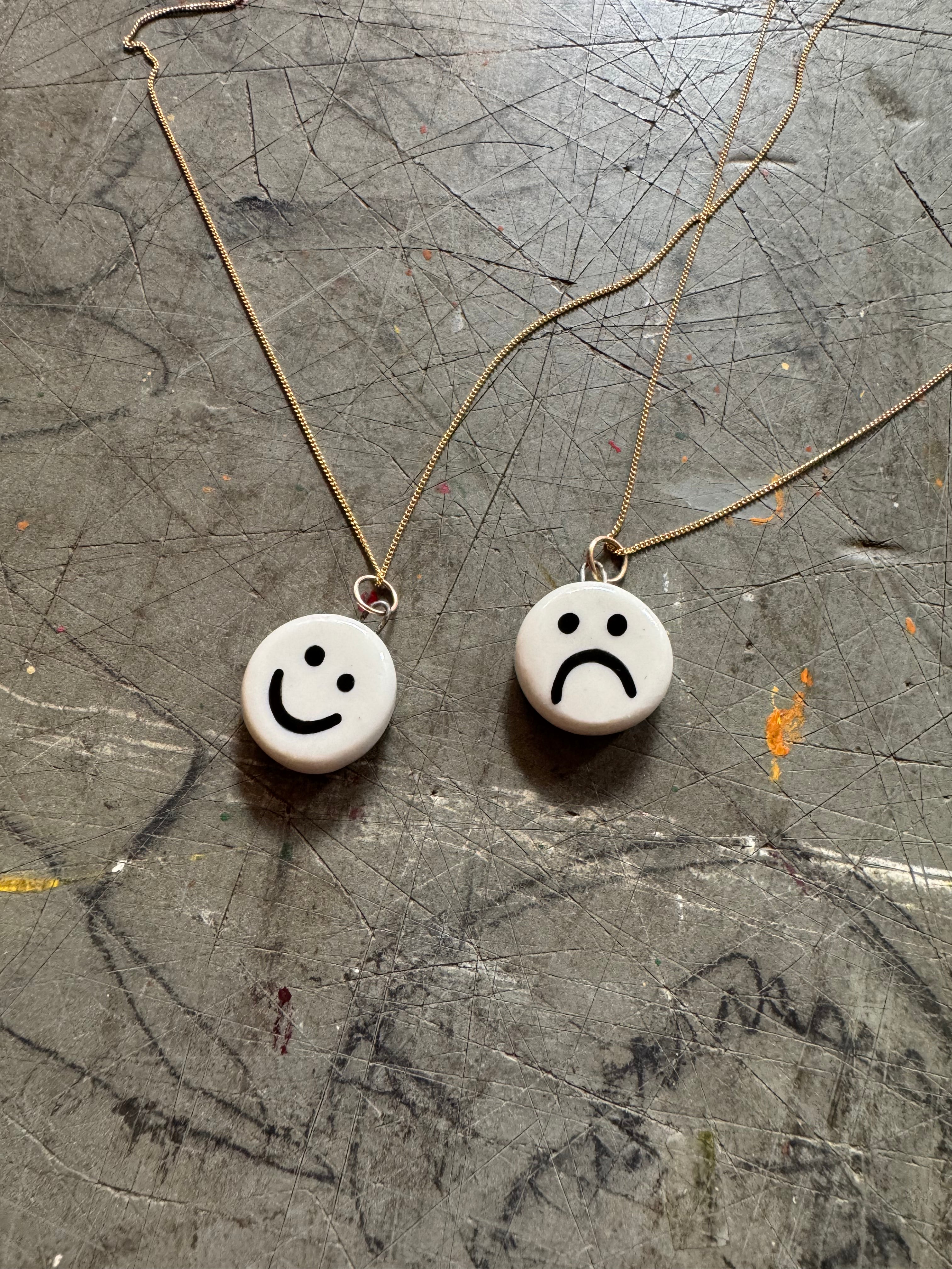 Smiley Sad Pendant on 18" Gold Curb Chain Necklace