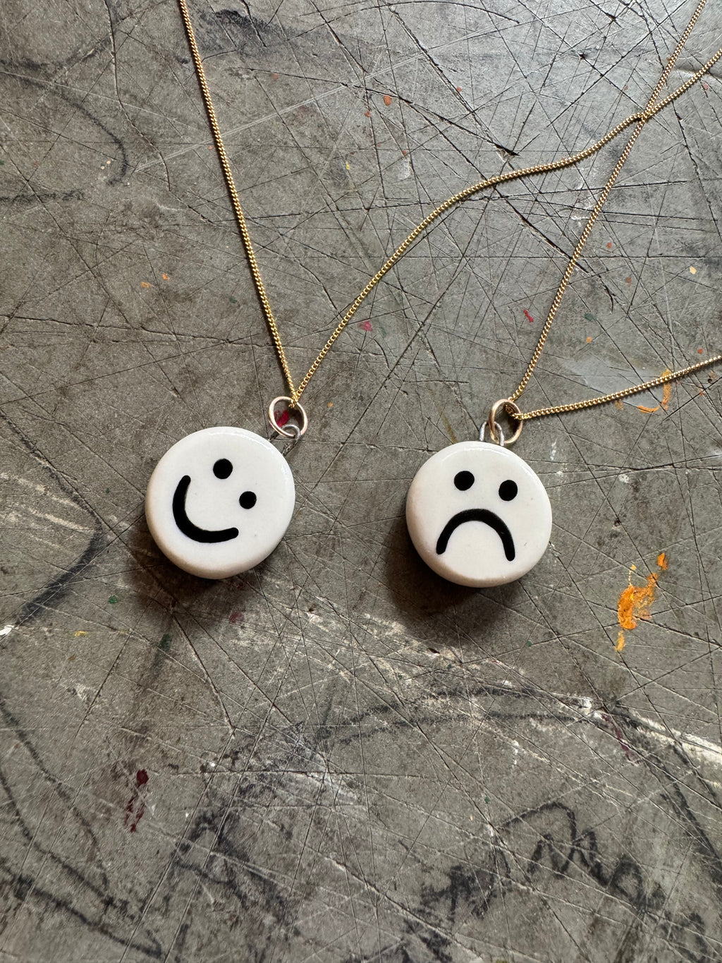 Smiley Sad Pendant on 18" Gold Curb Chain Necklace