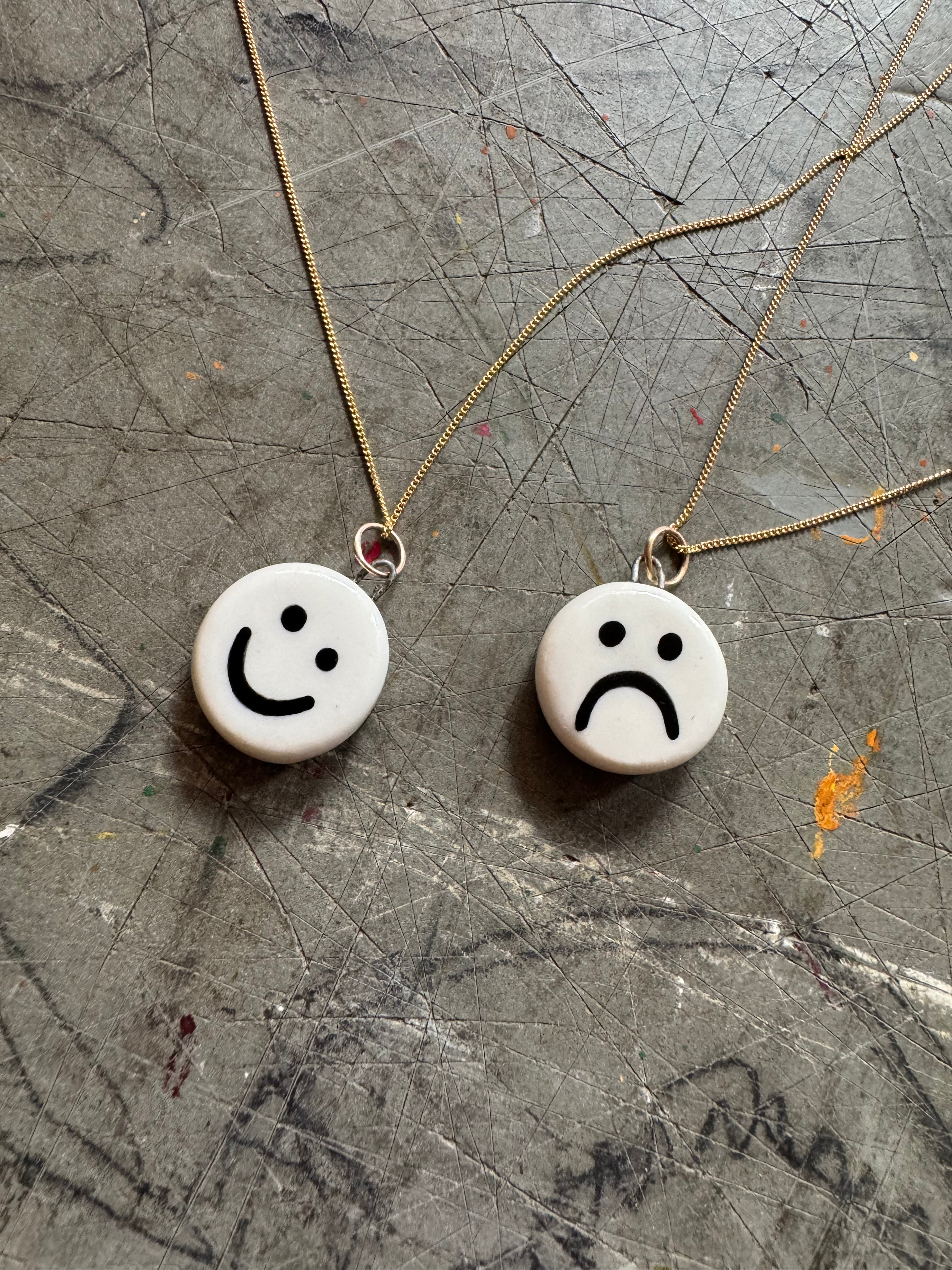 Smiley Sad Pendant on 18" Gold Curb Chain Necklace