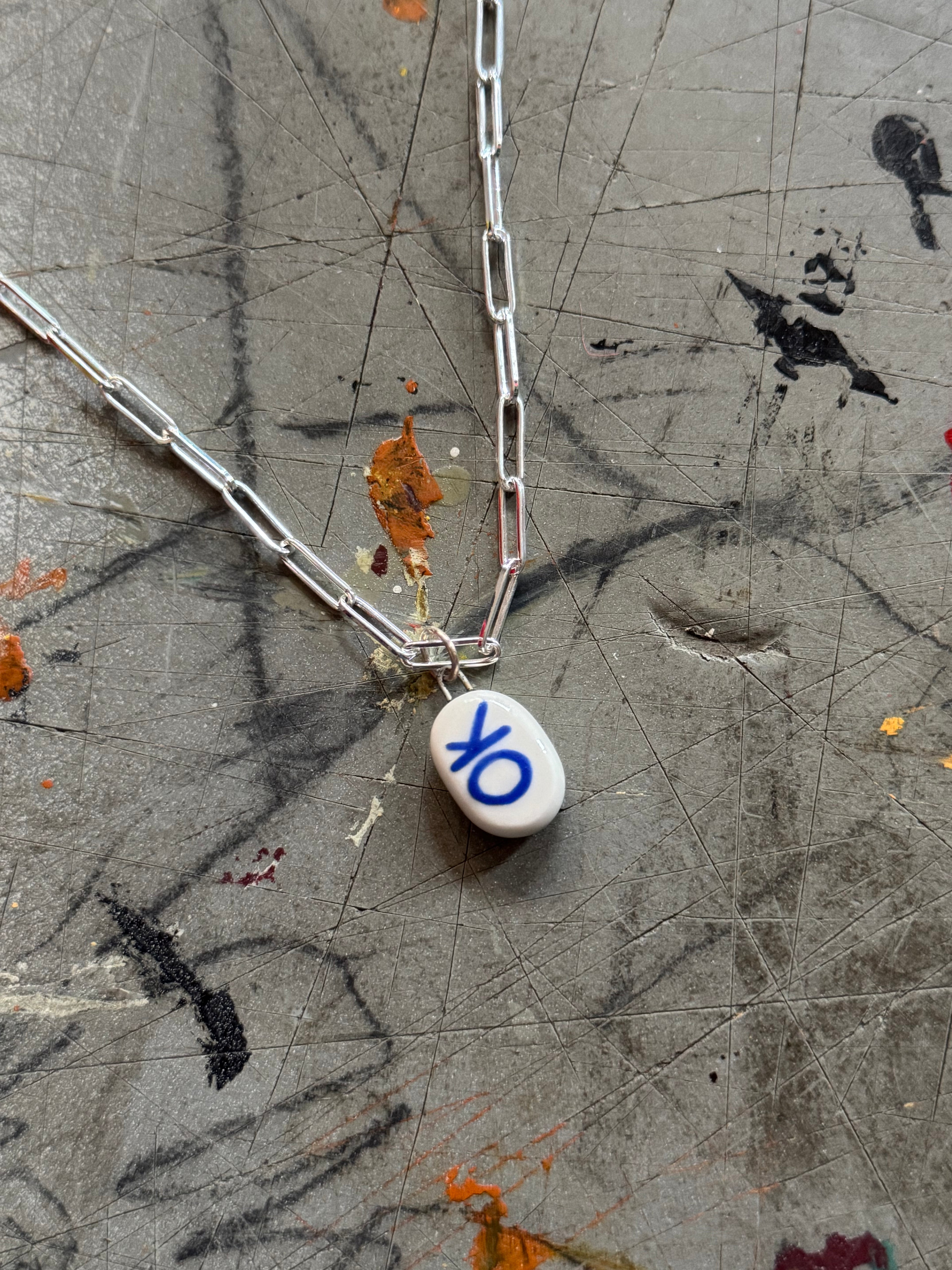 OK Bye Pendant Necklace, handmade in White Porcelain: 18" silver paperclip