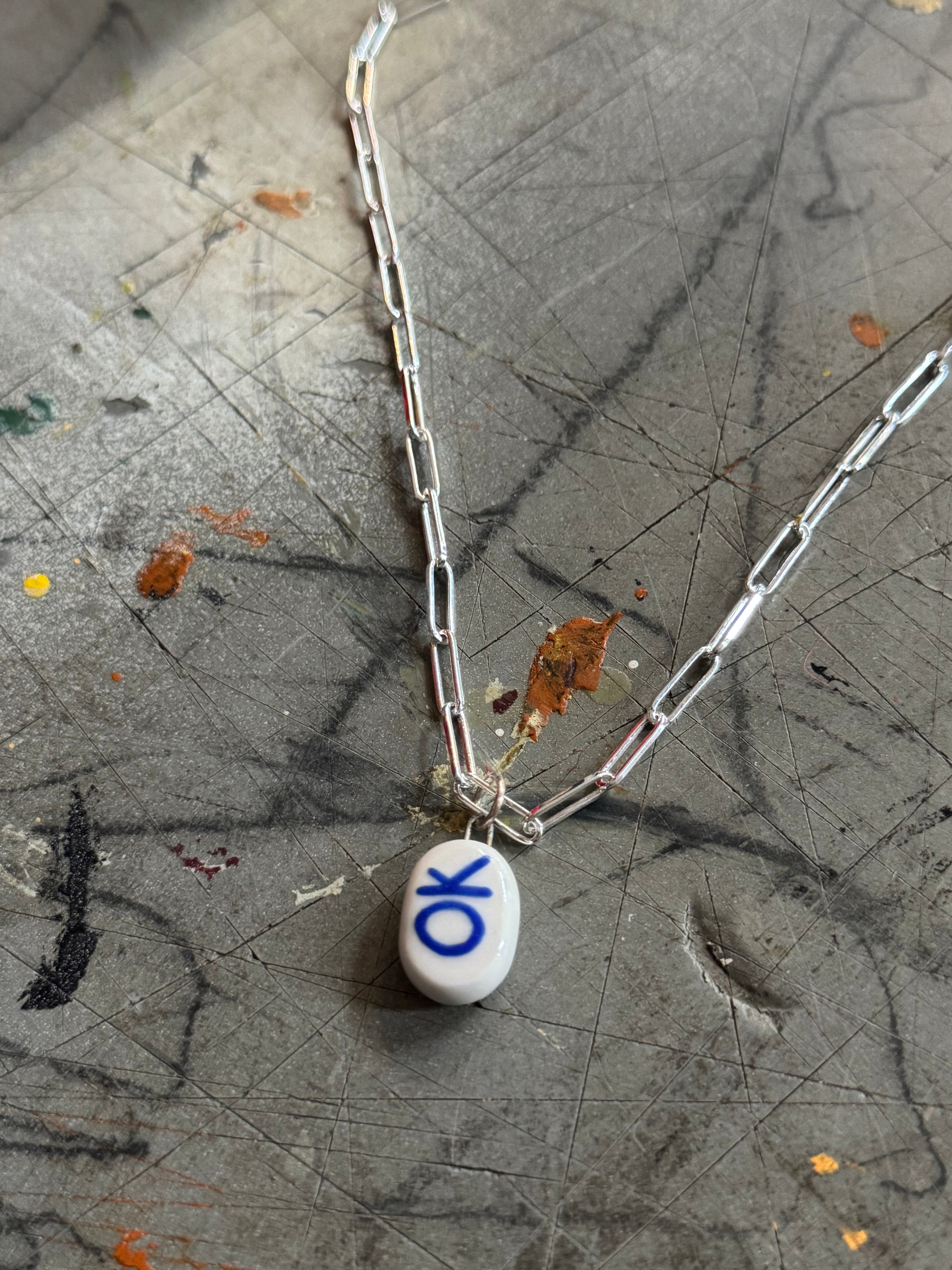 OK Bye Pendant Necklace, handmade in White Porcelain: 18" silver paperclip