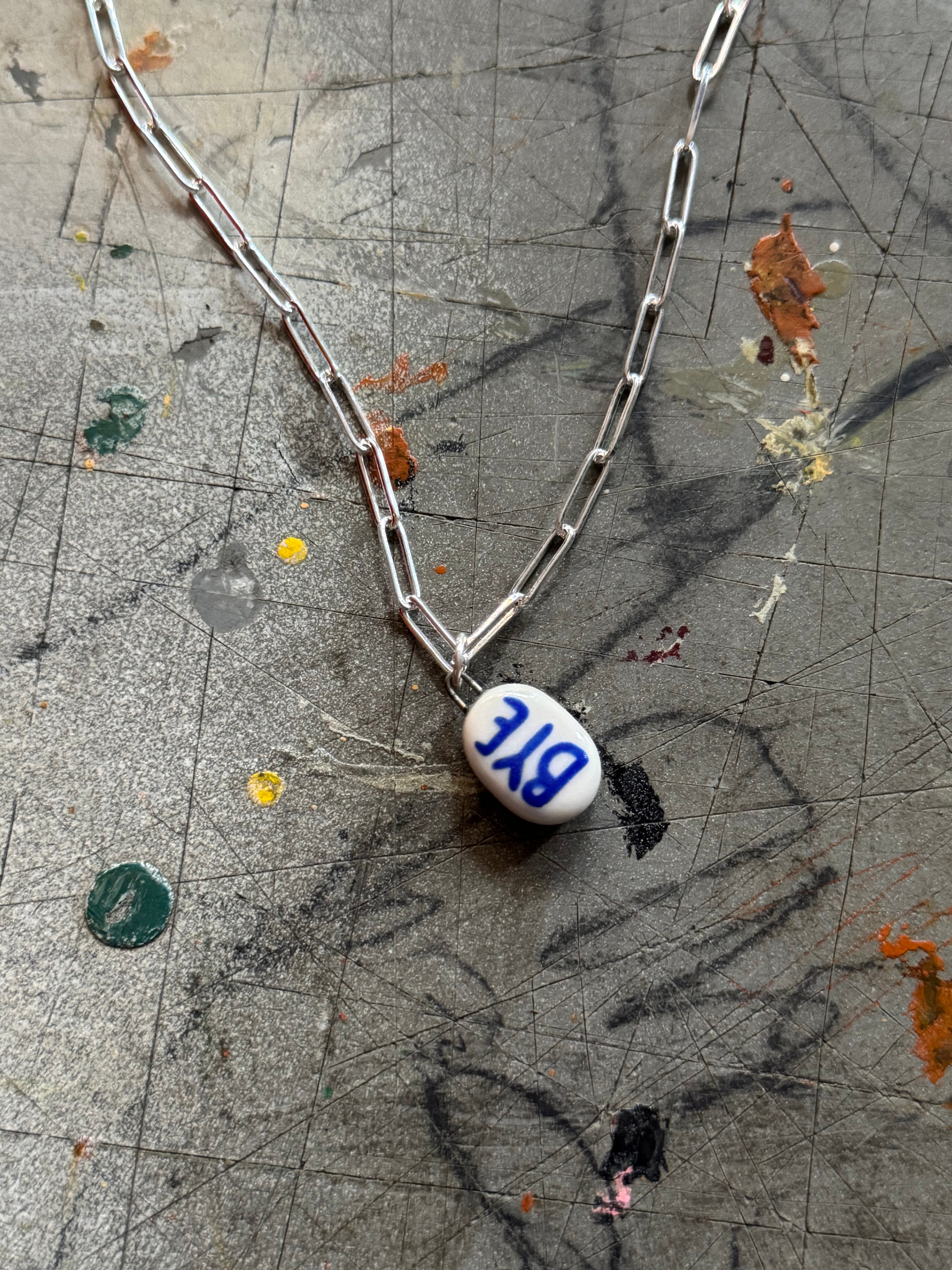 OK Bye Pendant Necklace, handmade in White Porcelain: 18" silver paperclip